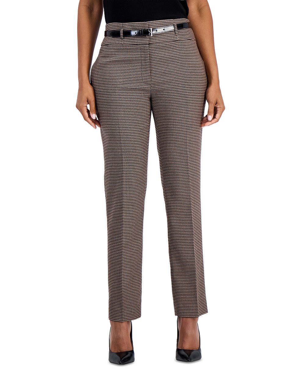 Kasper Women's Ava High Rise Slim Houndstooth Belted Pant