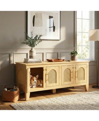 Streamdale Furniture Lars Rattan and Rubber Wood Dog Crate Cabinet with Storage