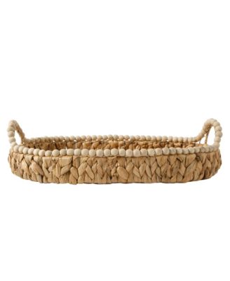 Gibson Home 17-Inch Woven Decorative Serving Tray – Large Natural Water Hyacinth Basket with Wood-Bead Trim and Handles
