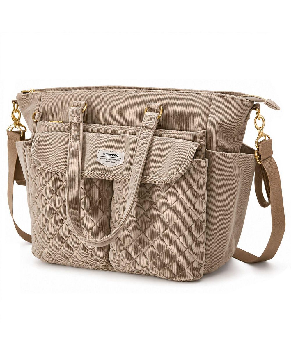 SUNVENO Corduroy Quilted Diaper Bag Tote with Changing Pad