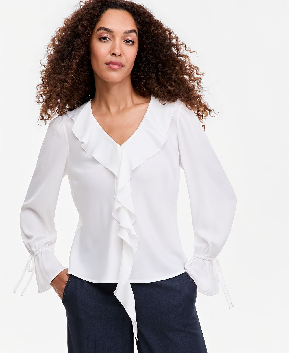 Tahari ASL Women's V-Neck Long-Sleeve Ruffle Blouse