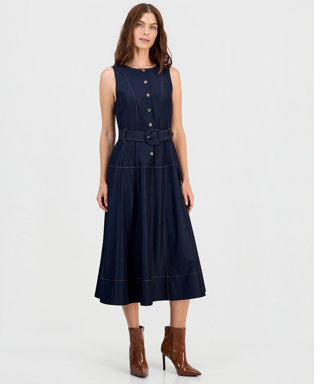 Tahari ASL Women's Button-Front Belted Fit and Flare Midi Dress