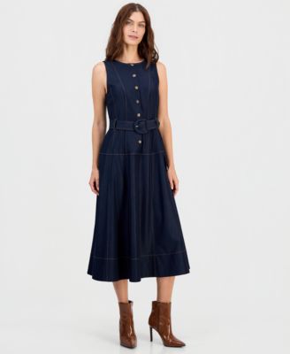 Tahari ASL Women's Button-Front Belted Fit and Flare Midi Dress