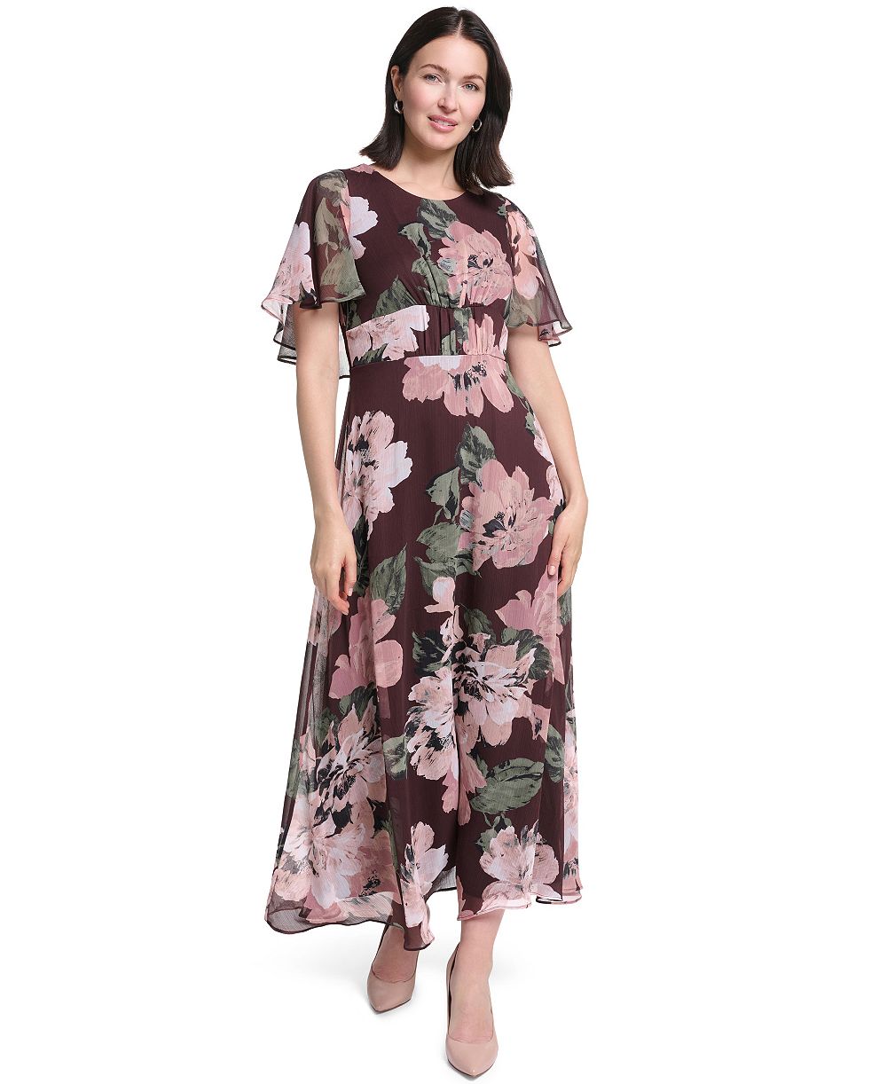 Calvin Klein Women's Flutter-Sleeve Floral Chiffon Fit & Flare Dress