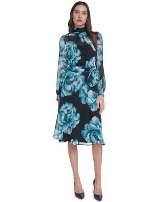 Calvin Klein Women's Wedding Guest Floral-Print Long-Sleeve Chiffon Midi Dress