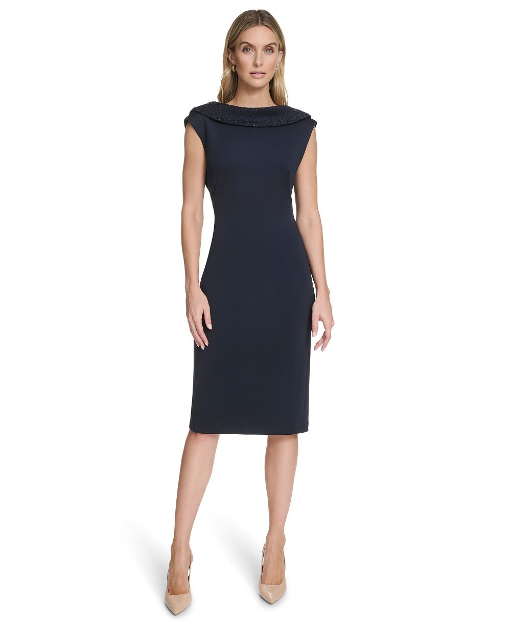Calvin Klein Women's Boat Neck Cowl Back Rhinestone-Embellished Sheath Dress