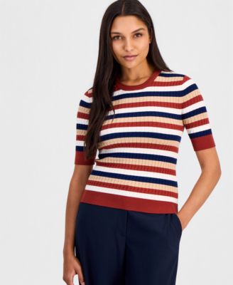 Elie Tahari Women's Ailany Striped Ribbed-Knit Short-Sleeve Sweater