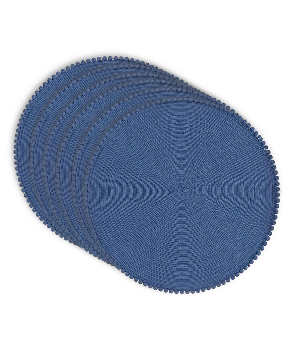 Dainty Home Pom Pom 15" Round Woven Placemats Set of 6 - Durable, Reversible and Non-Slip Table Mats