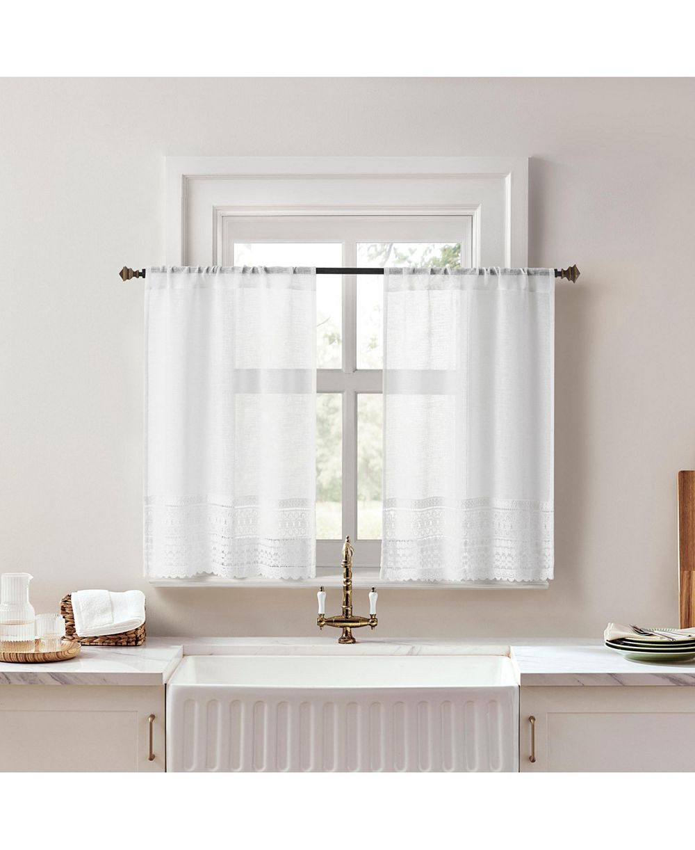 No. 918 Camille Macrame Lace Trim Sheer Rod Pocket Kitchen Curtain Tier Pair