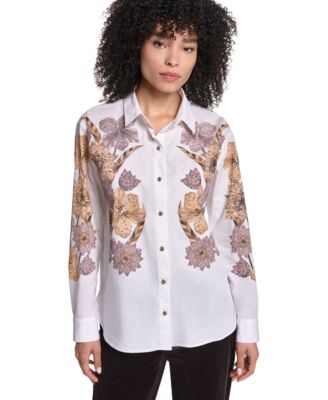 KARL LAGERFELD PARIS Women's Floral-Print Long-Sleeve Hotfix Rhinestone Blouse