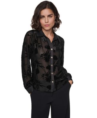 KARL LAGERFELD PARIS Women's Long-Sleeve Collared Burnout-Floral Blouse
