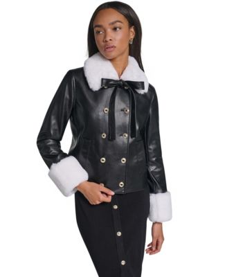 KARL LAGERFELD PARIS Women's Faux Fur Collar Double-Breasted Jacket