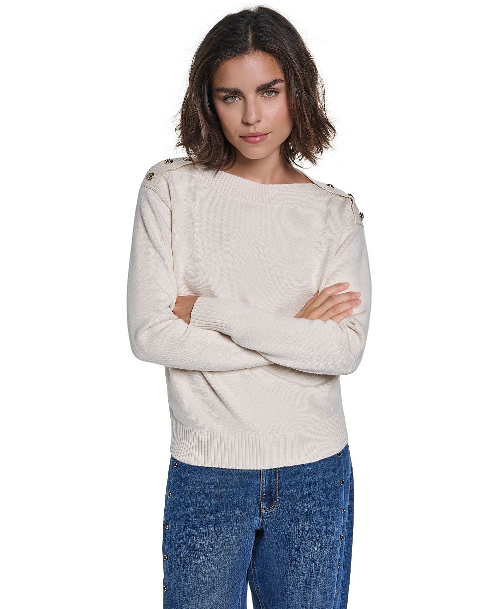 KARL LAGERFELD PARIS Women's Button Shoulder Boat Neck Long-Sleeve Sweater