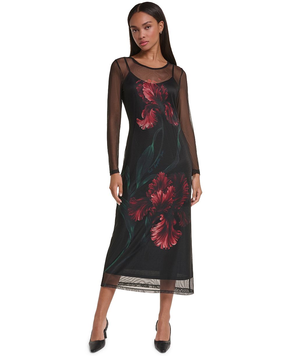 KARL LAGERFELD PARIS Women's Floral Long-Sleeve Midi Dress