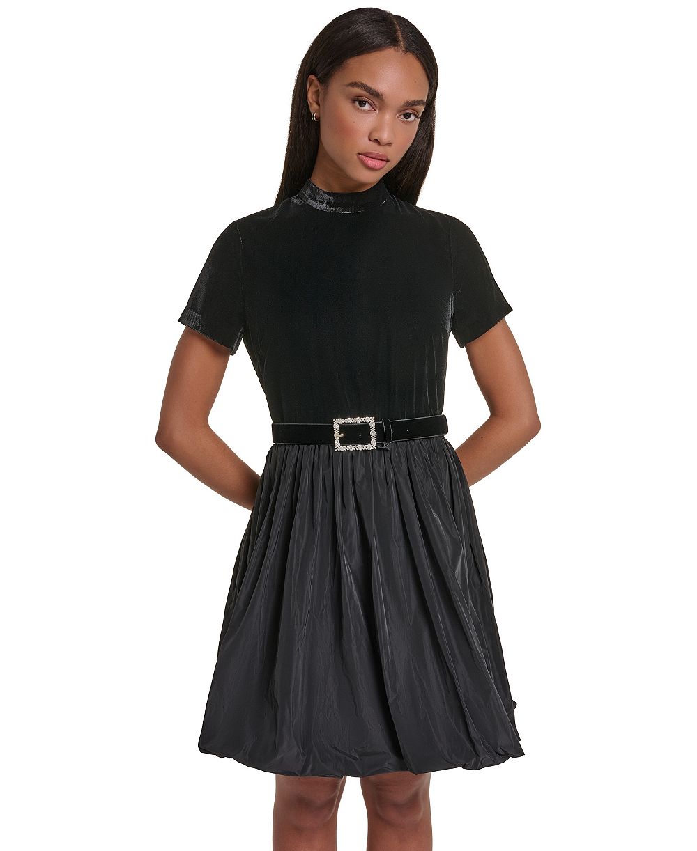 KARL LAGERFELD PARIS Women's Fit & Flare Mock Neck Short-Sleeve Dress