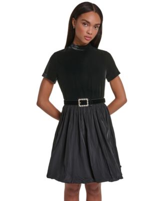 KARL LAGERFELD PARIS Women's Fit & Flare Mock Neck Short-Sleeve Dress