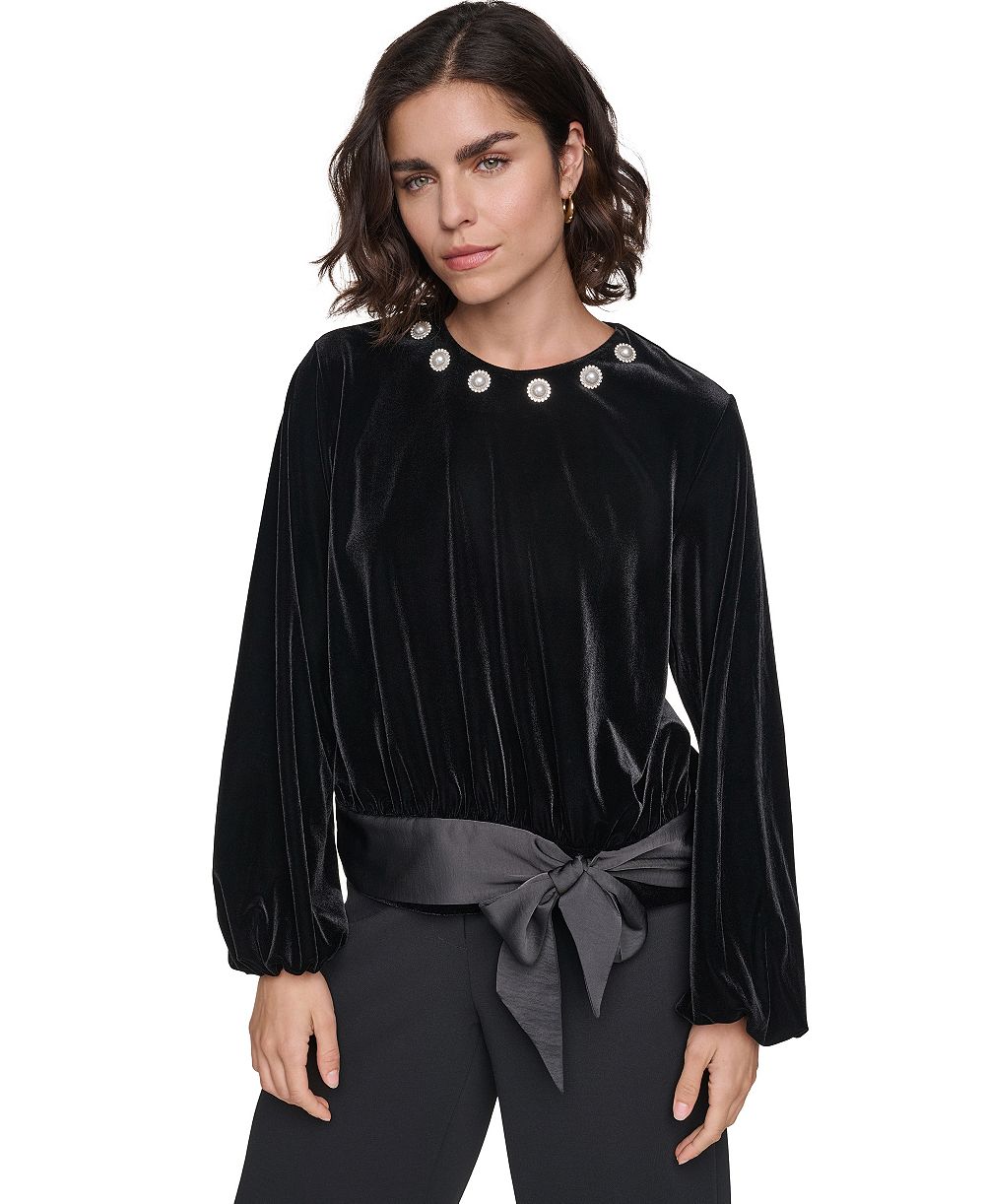 KARL LAGERFELD PARIS Women's Crystal Tie-Front Long-Sleeve Imitation Pearl-Embellished Blouse