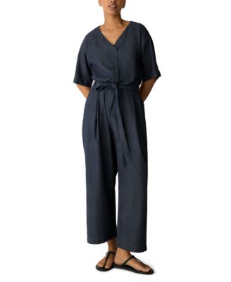 Eileen Fisher Petite Airy Cotton Twill Short-Sleeve Wide-Leg Belted Jumpsuit