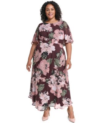 Calvin Klein Plus Flutter-Sleeve Floral Chiffon Fit & Flare Dress