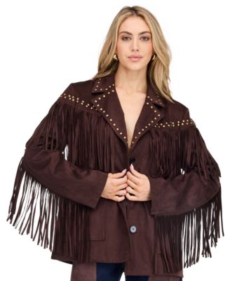 Kittenish Women's Montana Faux-Suede Studded Fringe Jacket