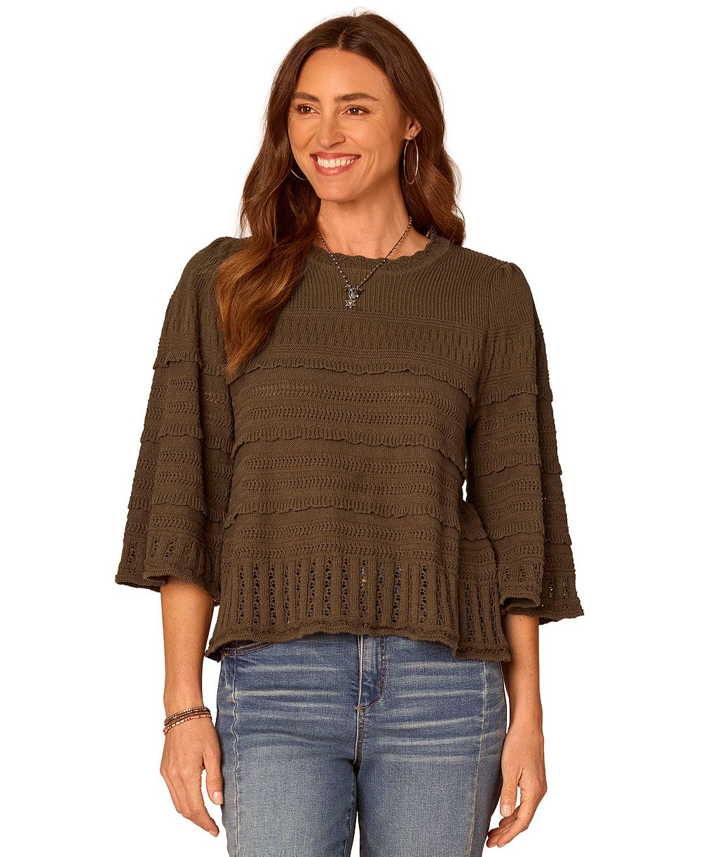 Женский свитер Democracy Variegated-Stitch Scallop-Edge Three-Quarter Bell Sleeve