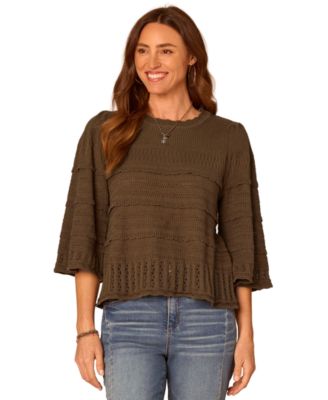 Democracy Women's Variegated-Stitch Scallop-Edge Three-Quarter Bell Sleeve Sweater