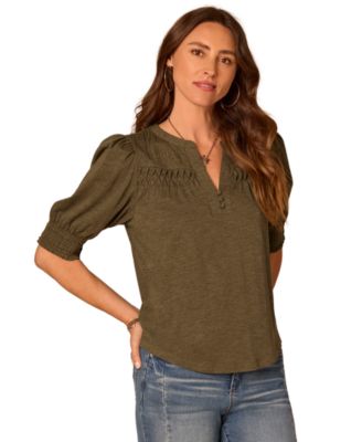 Democracy Women's Elbow-Length Blouson Sleeve Mandarin Collar Smocking and Pintuck Knit Blouse