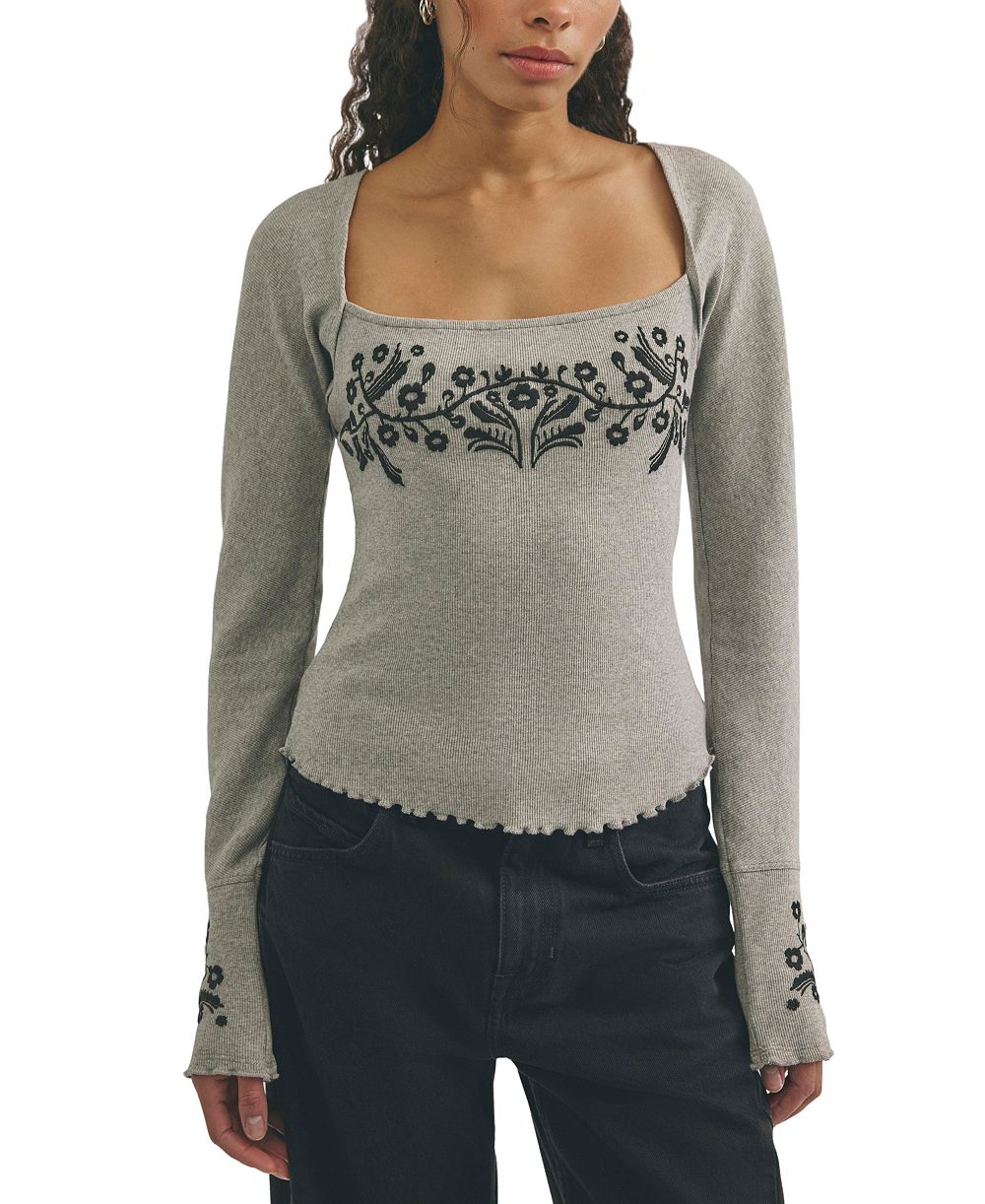 Free People Women's Olivia Embroidered Square-Neck Ribbed Knit Cotton-Blend T-Shirt