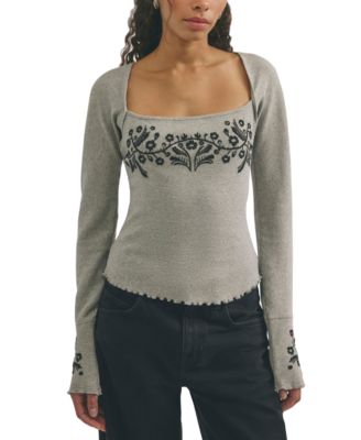 Free People Women's Olivia Embroidered Square-Neck Ribbed Knit Cotton-Blend T-Shirt