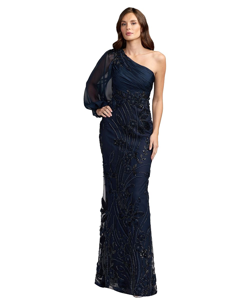 Mac Duggal Женское шифоновое платье в пол с вышитым цветочным принтом на юбке