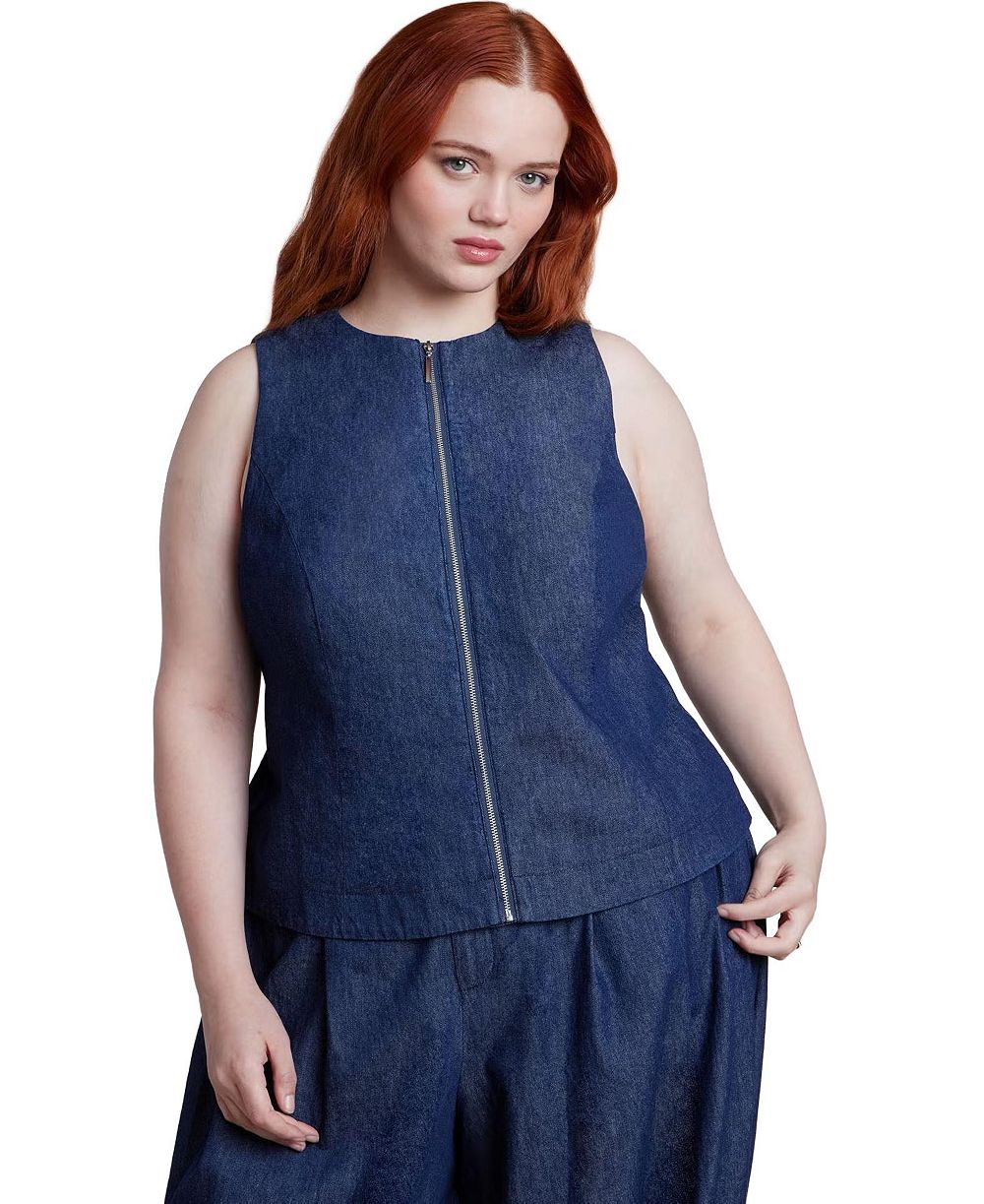 ELOQUII Plus Size Chambray Zip Up Women's Top
