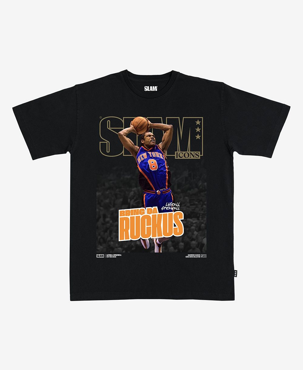 Мужская и женская футболка Slam Latrell Sprewell Black New York Knicks Hardwood Classics Cover