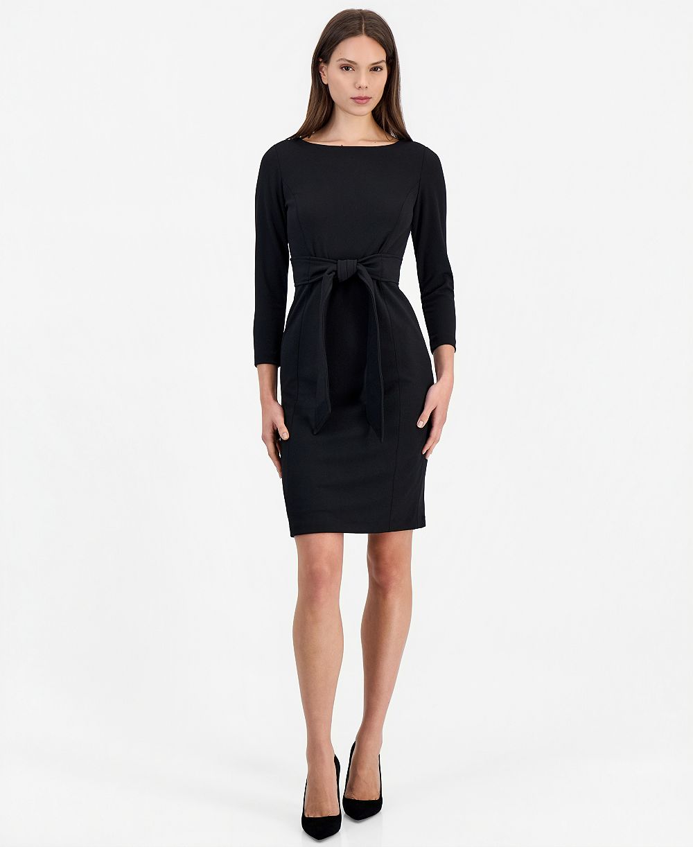 Anne Klein женское платье-футляр с круглым вырезом из крепа сцуба с завязкой на талии и цветочным принтом