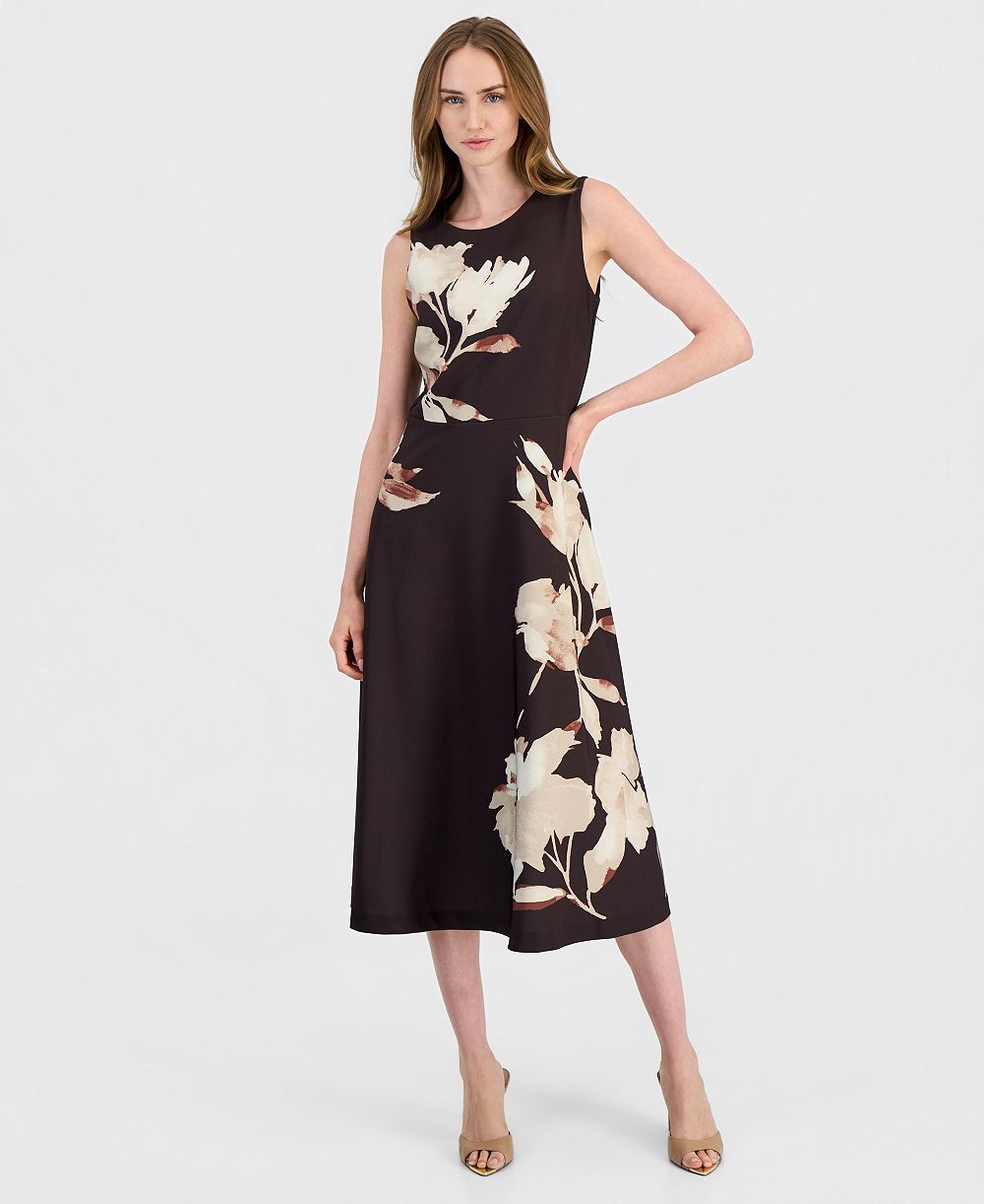 Anne Klein Женское миди-платье А-силуэта с цветочным принтом из ткани скаба