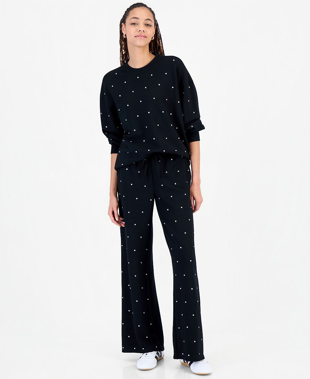 FVR DRM Juniors' High-Rise Embellished Scuba Wide-Leg Pants