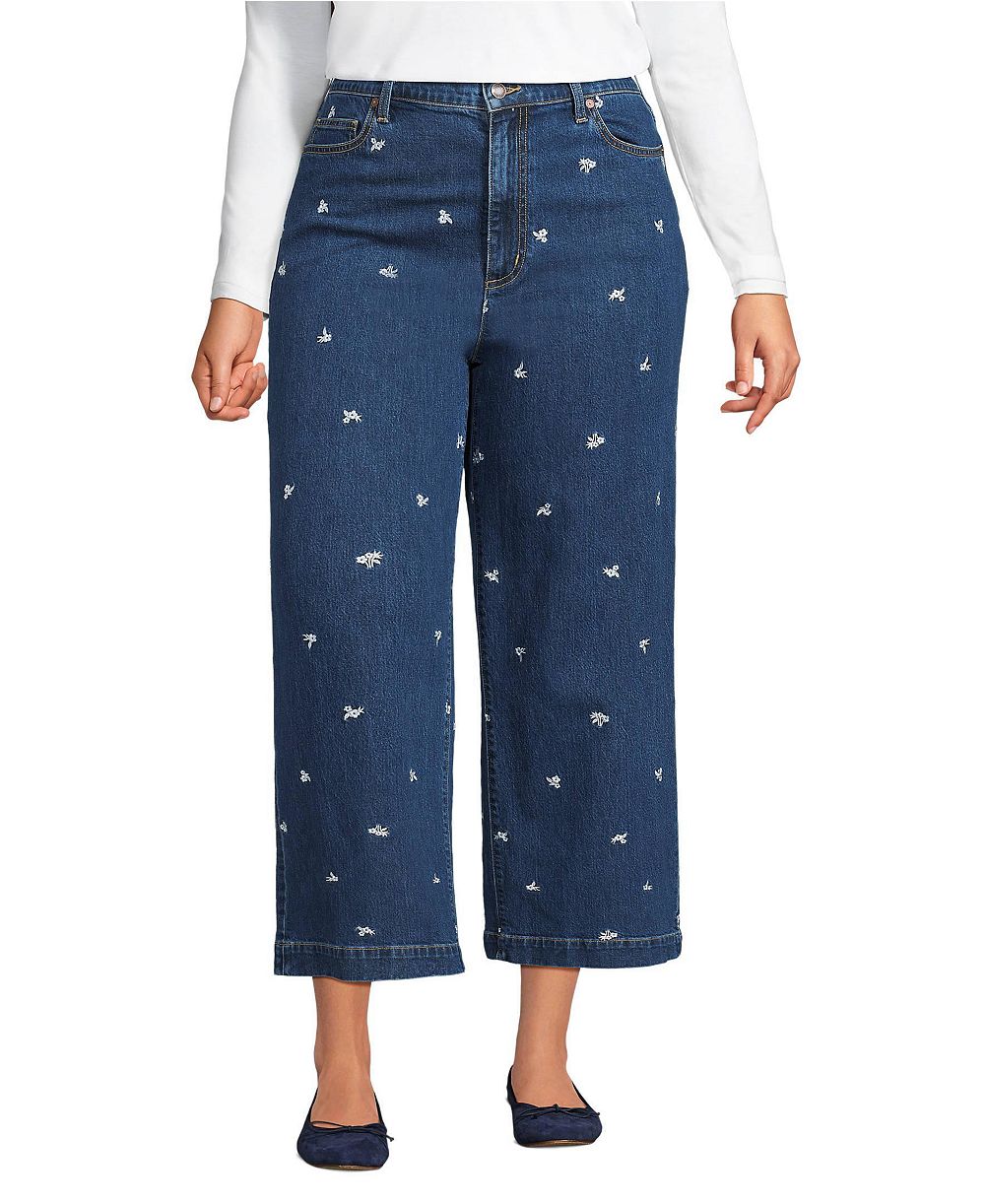 Lands' End Women's Soft Denim High Rise Embroidered Wide Leg Crop Jeans