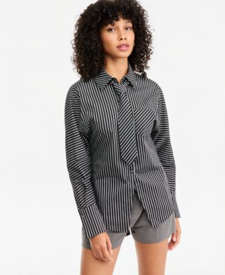Bar III Women's Striped Tie-Neck Long-Sleeve Shirt, Macy's Exclusive