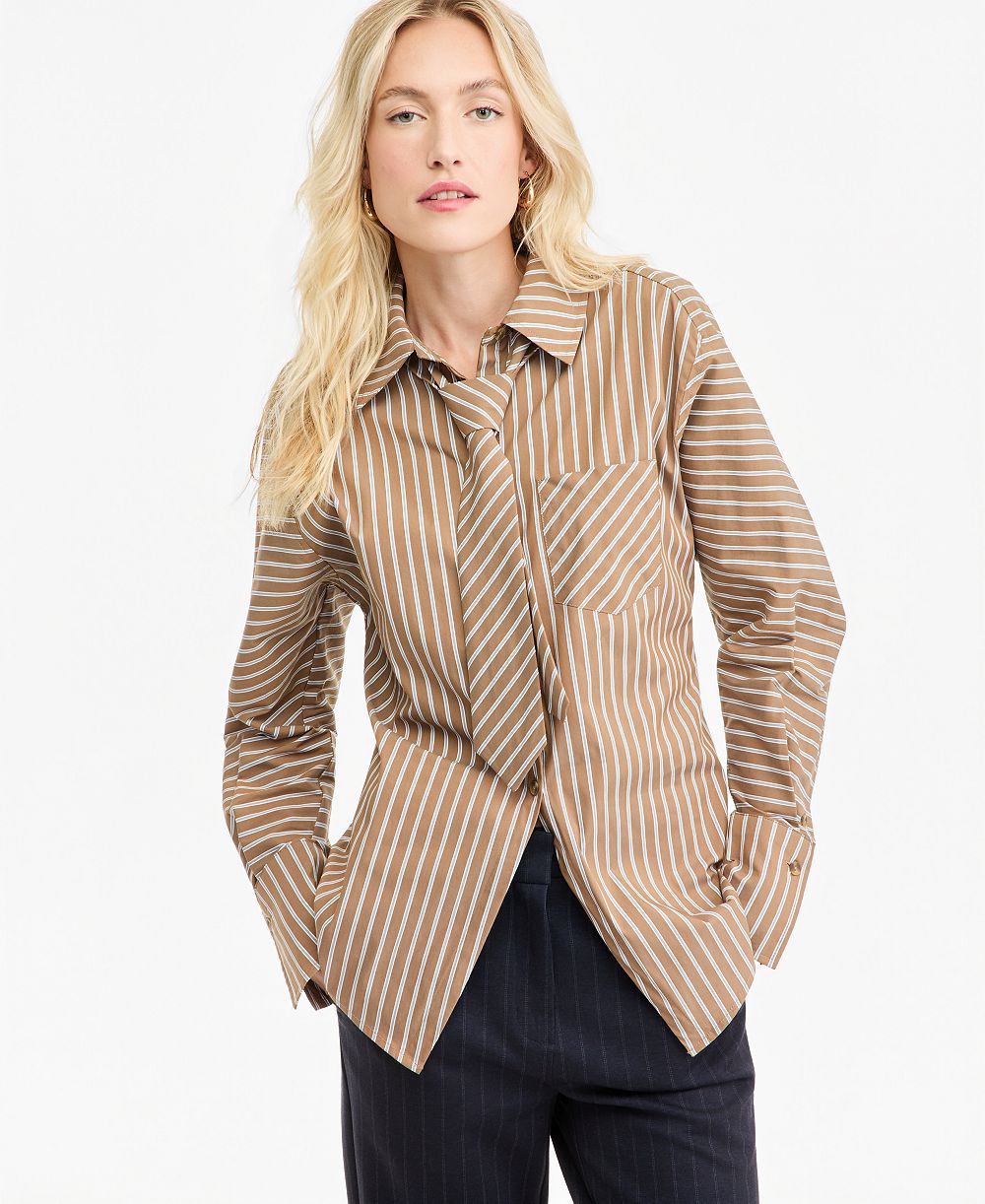 Bar III Women's Collared Striped Poplin Tie Shirt, Macy's Exclusive
