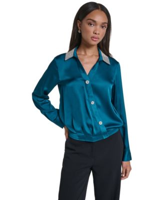 KARL LAGERFELD PARIS Women's Crystal Collar Satin Blouse