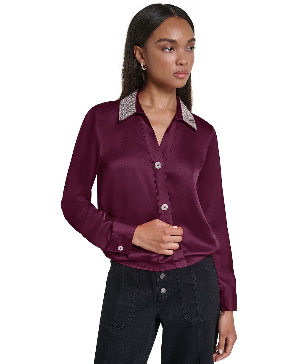 KARL LAGERFELD PARIS Women's Crystal Collar Satin Blouse