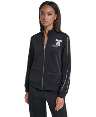 KARL LAGERFELD PARIS Women's Pin and Bow Imitation Pearl-Trim Zip-Up Jacket
