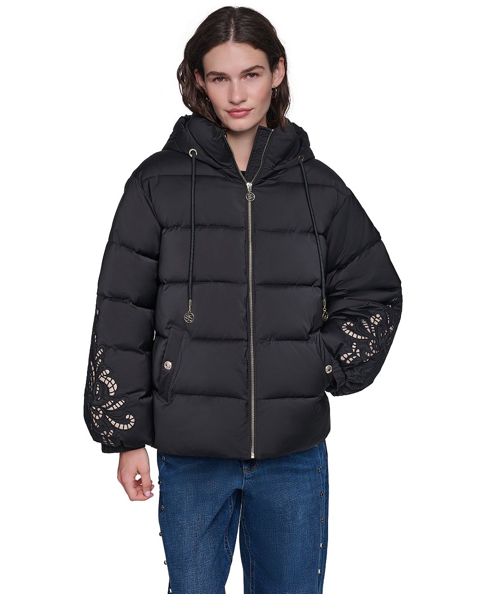 KARL LAGERFELD PARIS Women's Floral-Embroidered Short Hooded Puffer Jacket