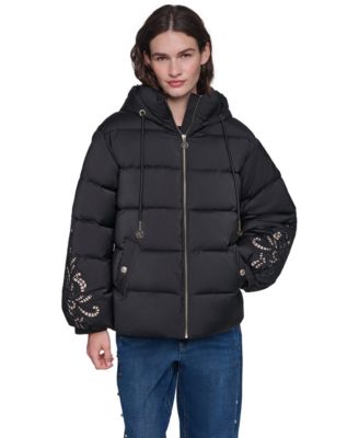 KARL LAGERFELD PARIS Women's Floral-Embroidered Short Hooded Puffer Jacket