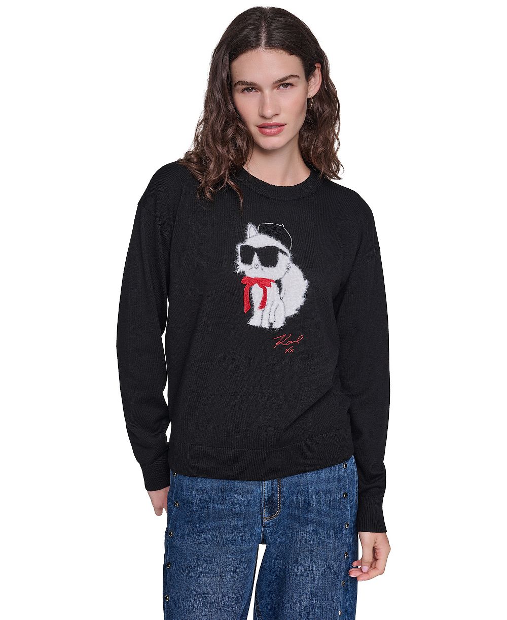 KARL LAGERFELD PARIS Women's Choupette in Beret Fitted Graphic Crewneck Pullover Sweater
