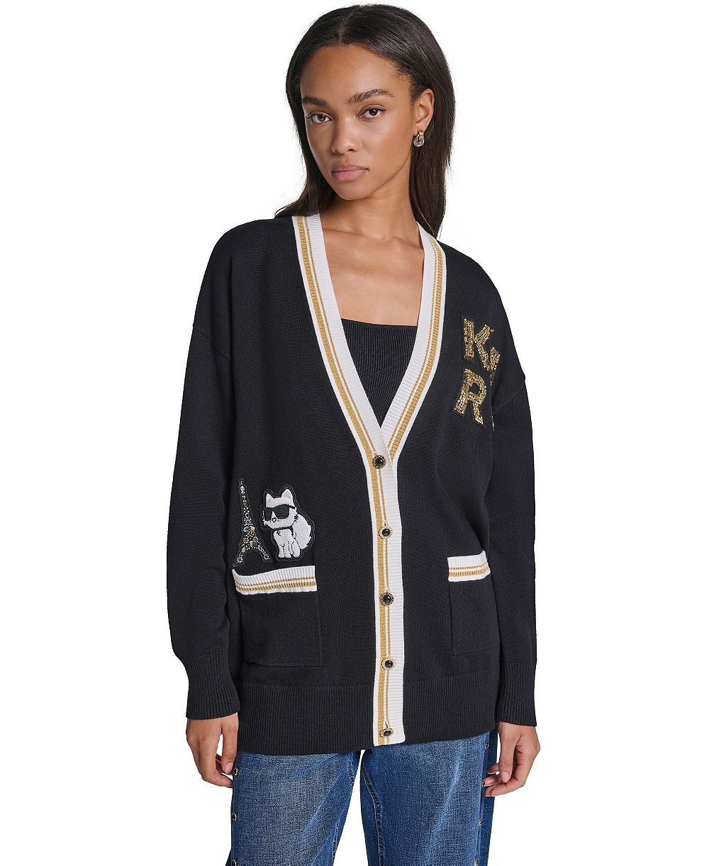 KARL LAGERFELD PARIS Women's Varsity Oversized Patch V-Neck Cardigan Sweater