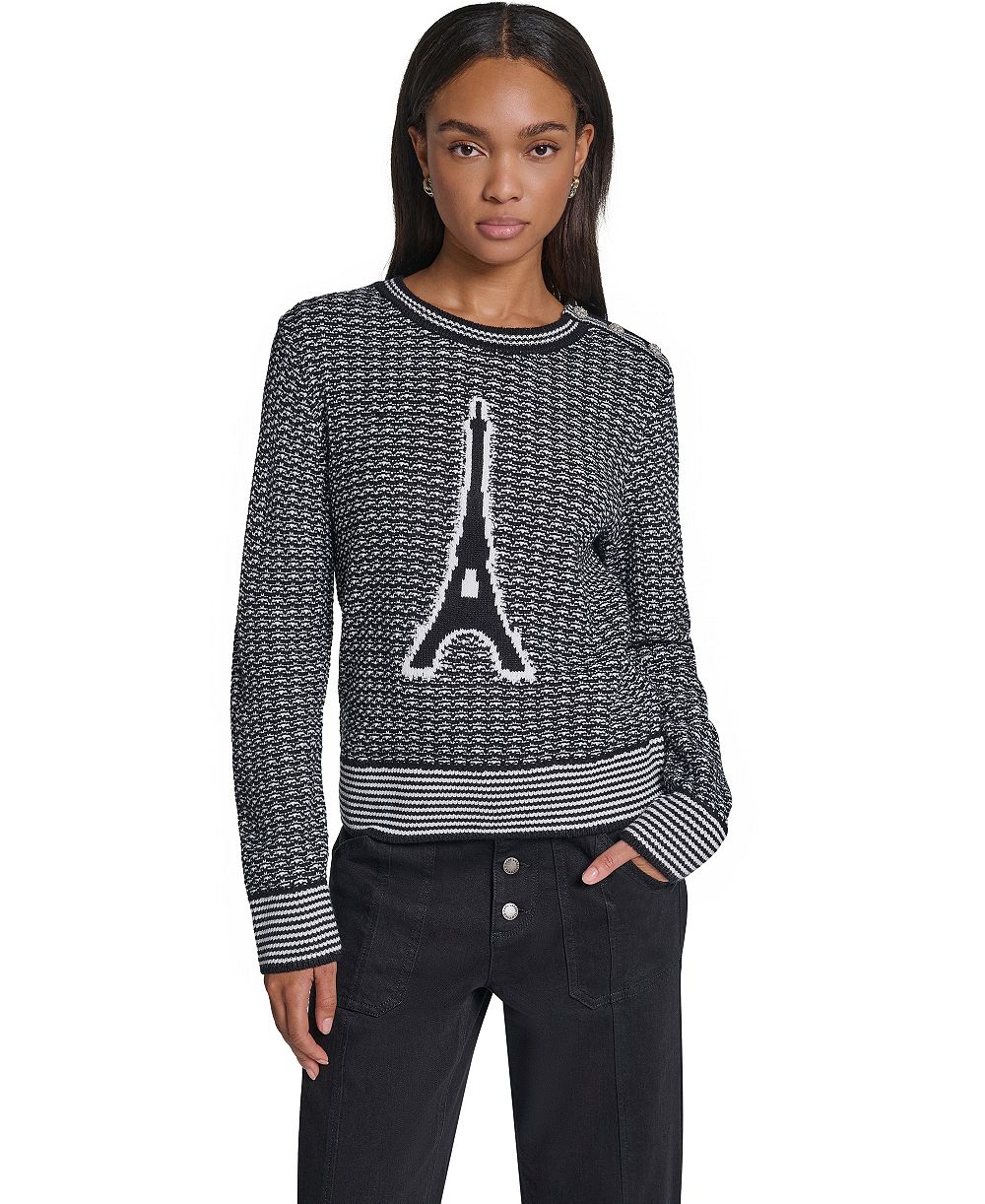 KARL LAGERFELD PARIS Women's Eiffel Tower-Graphic Crewneck Long-Sleeve Sweater