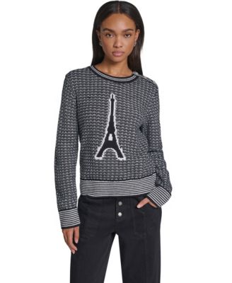 KARL LAGERFELD PARIS Women's Eiffel Tower-Graphic Crewneck Long-Sleeve Sweater