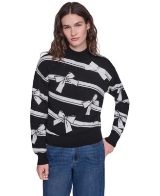 KARL LAGERFELD PARIS Women's Striped Mock Neck Bow Sweater