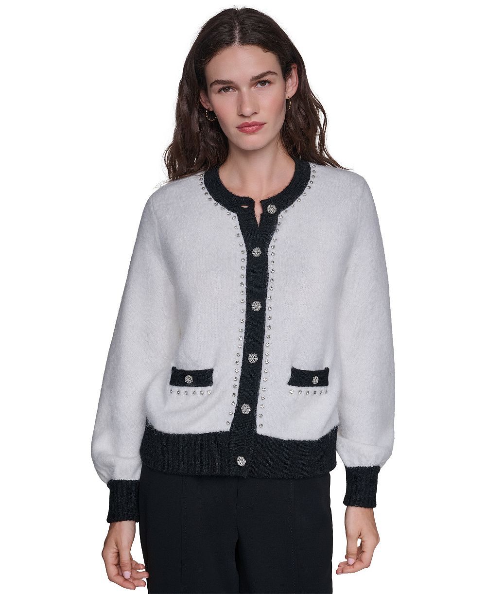KARL LAGERFELD PARIS Women's Crystal-Trim Colorblock Cardigan Sweater