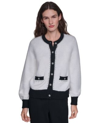 KARL LAGERFELD PARIS Women's Crystal-Trim Colorblock Cardigan Sweater
